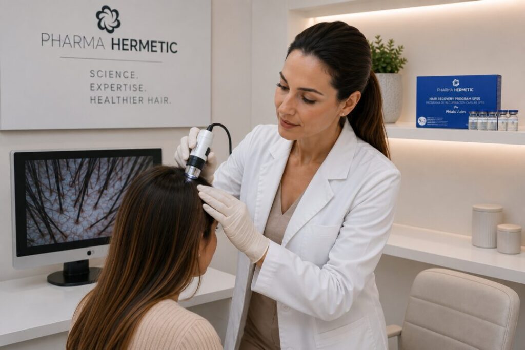 A dermatologist performing a scalp assessment